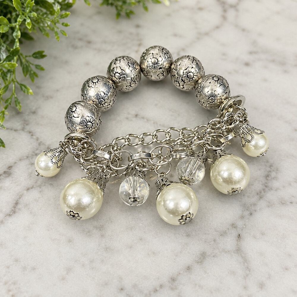 Silver Stretch Beaded Bracelet Faux Pearl Crystal Charm Adjustable Layered New